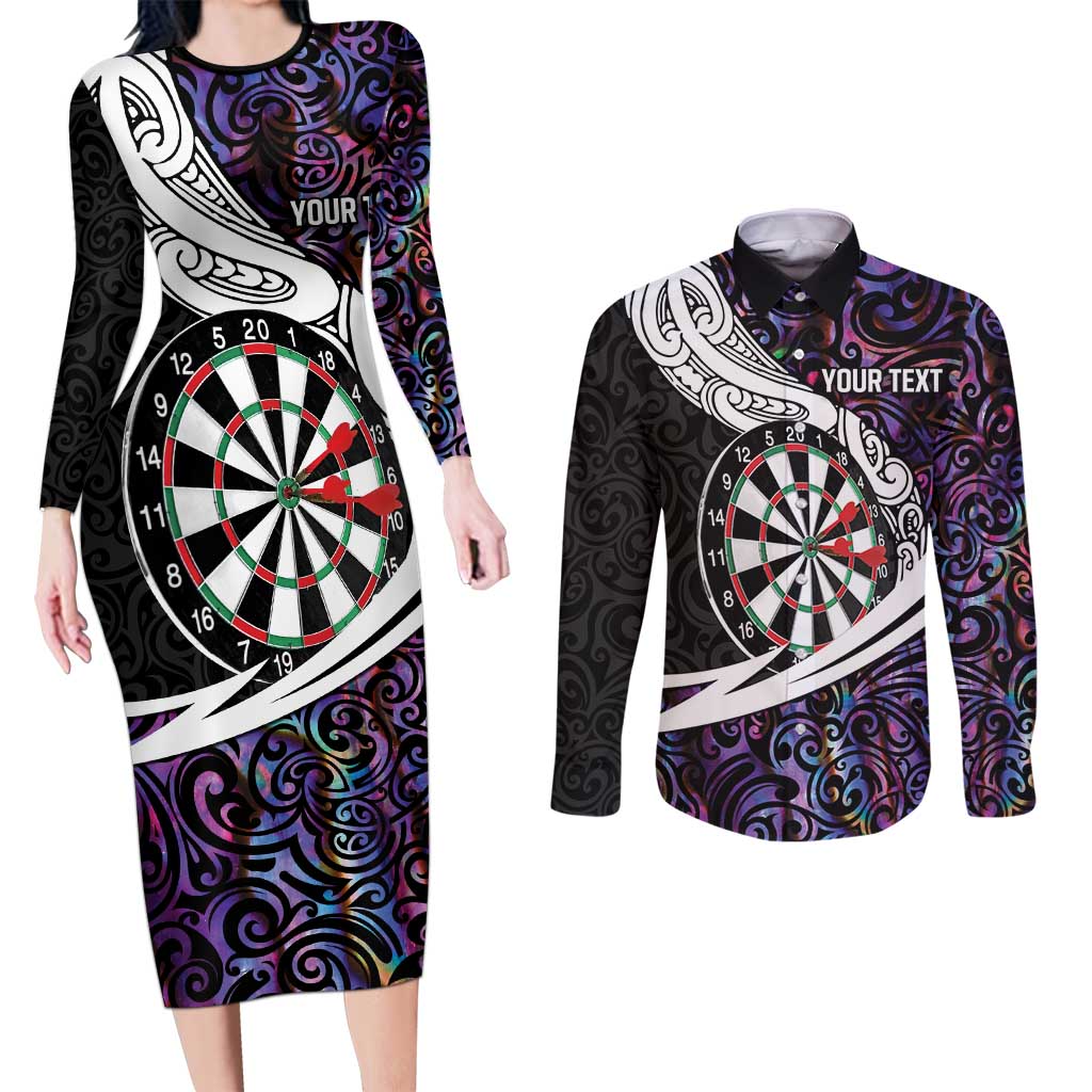 Personalized NZ Darts Couples Matching Long Sleeve Bodycon Dress and Long Sleeve Button Shirt Paua Shell Maori Koru Whakairo - Purple LT7 Purple - Polynesian Pride