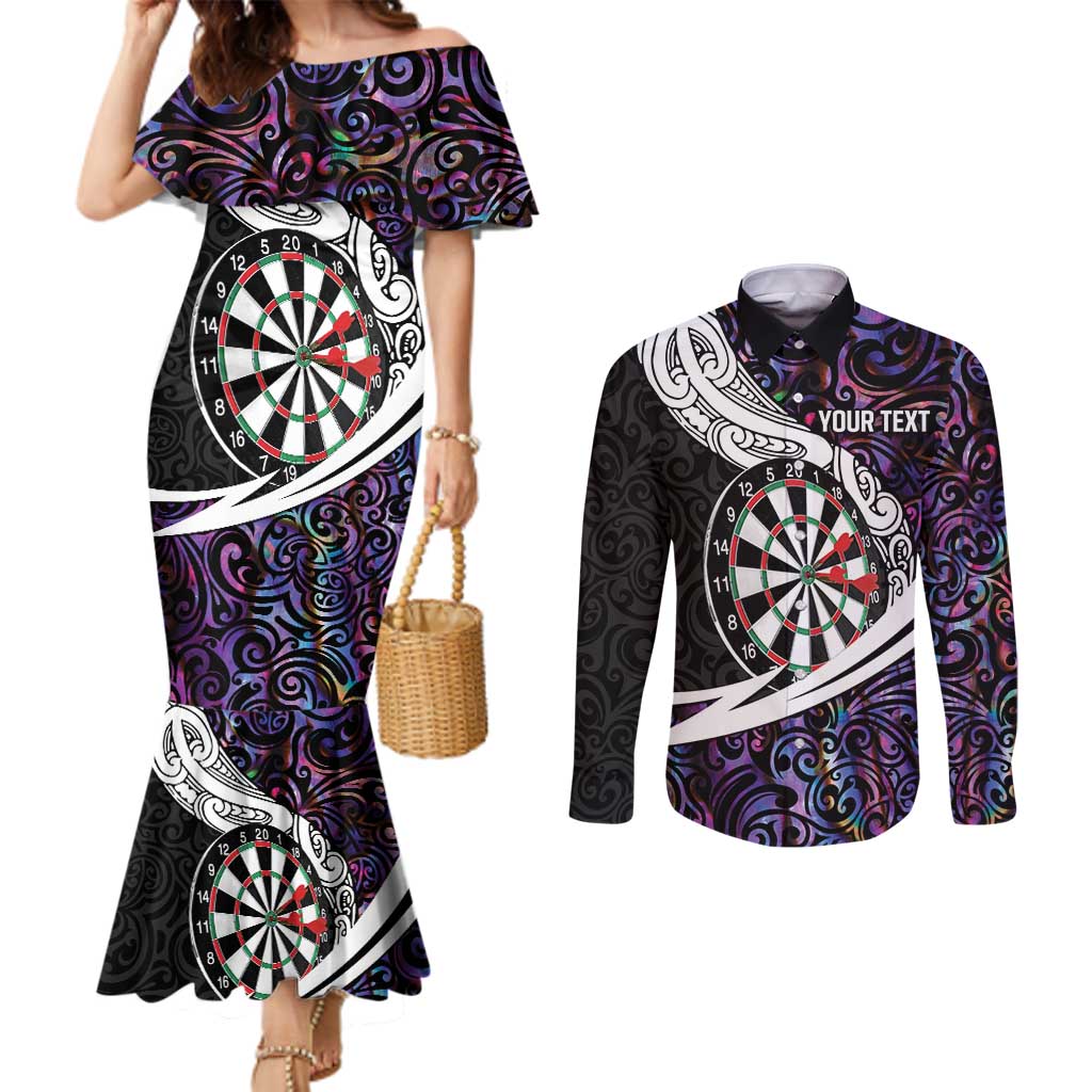 Personalized NZ Darts Couples Matching Mermaid Dress and Long Sleeve Button Shirt Paua Shell Maori Koru Whakairo - Purple LT7 Purple - Polynesian Pride