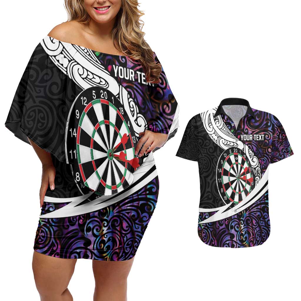 Personalized NZ Darts Couples Matching Off Shoulder Short Dress and Hawaiian Shirt Paua Shell Maori Koru Whakairo - Purple LT7 Purple - Polynesian Pride