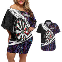 Personalized NZ Darts Couples Matching Off Shoulder Short Dress and Hawaiian Shirt Paua Shell Maori Koru Whakairo - Purple LT7 Purple - Polynesian Pride