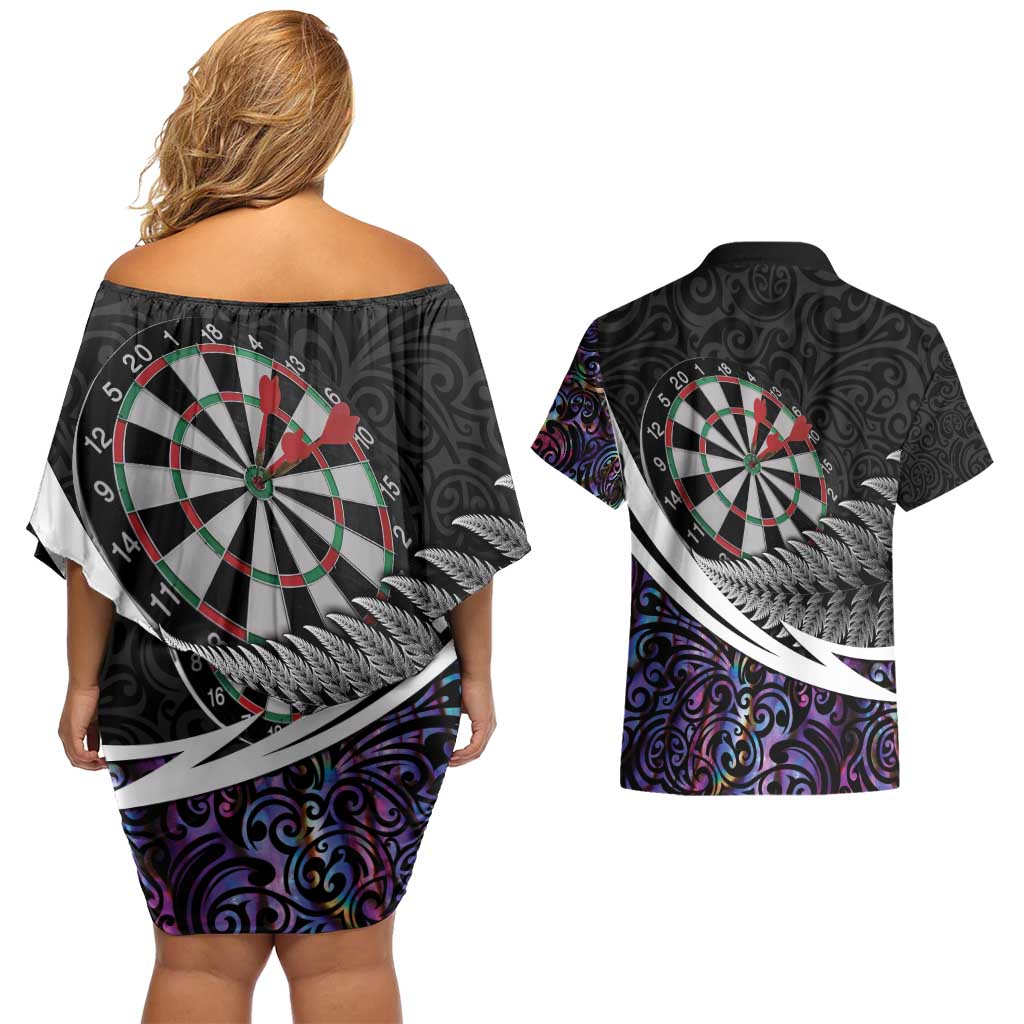 Personalized NZ Darts Couples Matching Off Shoulder Short Dress and Hawaiian Shirt Paua Shell Maori Koru Whakairo - Purple LT7 - Polynesian Pride