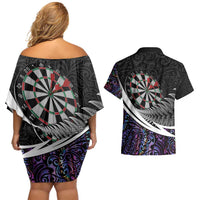 Personalized NZ Darts Couples Matching Off Shoulder Short Dress and Hawaiian Shirt Paua Shell Maori Koru Whakairo - Purple LT7 - Polynesian Pride