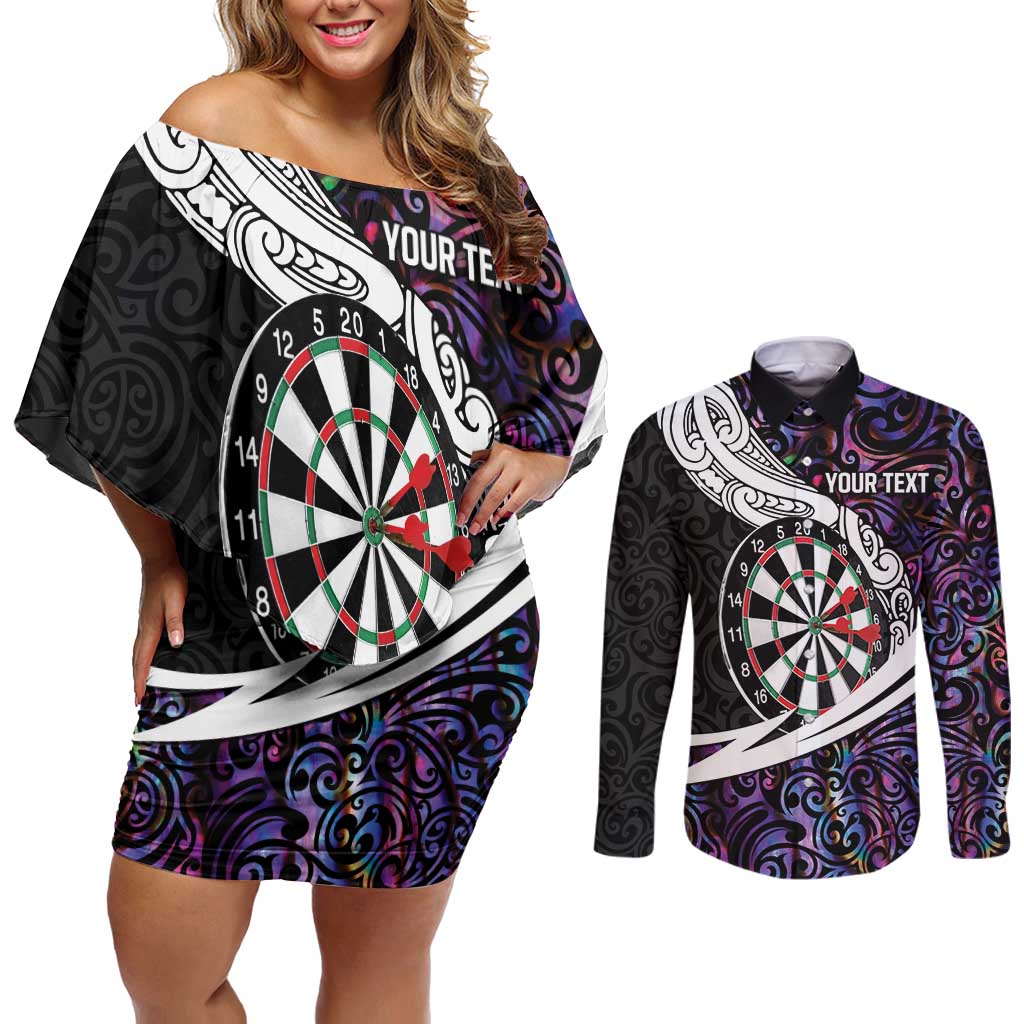 Personalized NZ Darts Couples Matching Off Shoulder Short Dress and Long Sleeve Button Shirt Paua Shell Maori Koru Whakairo - Purple LT7 Purple - Polynesian Pride