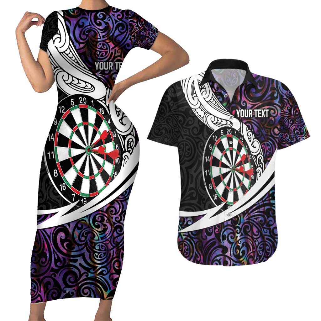 Personalized NZ Darts Couples Matching Short Sleeve Bodycon Dress and Hawaiian Shirt Paua Shell Maori Koru Whakairo - Purple LT7 Purple - Polynesian Pride