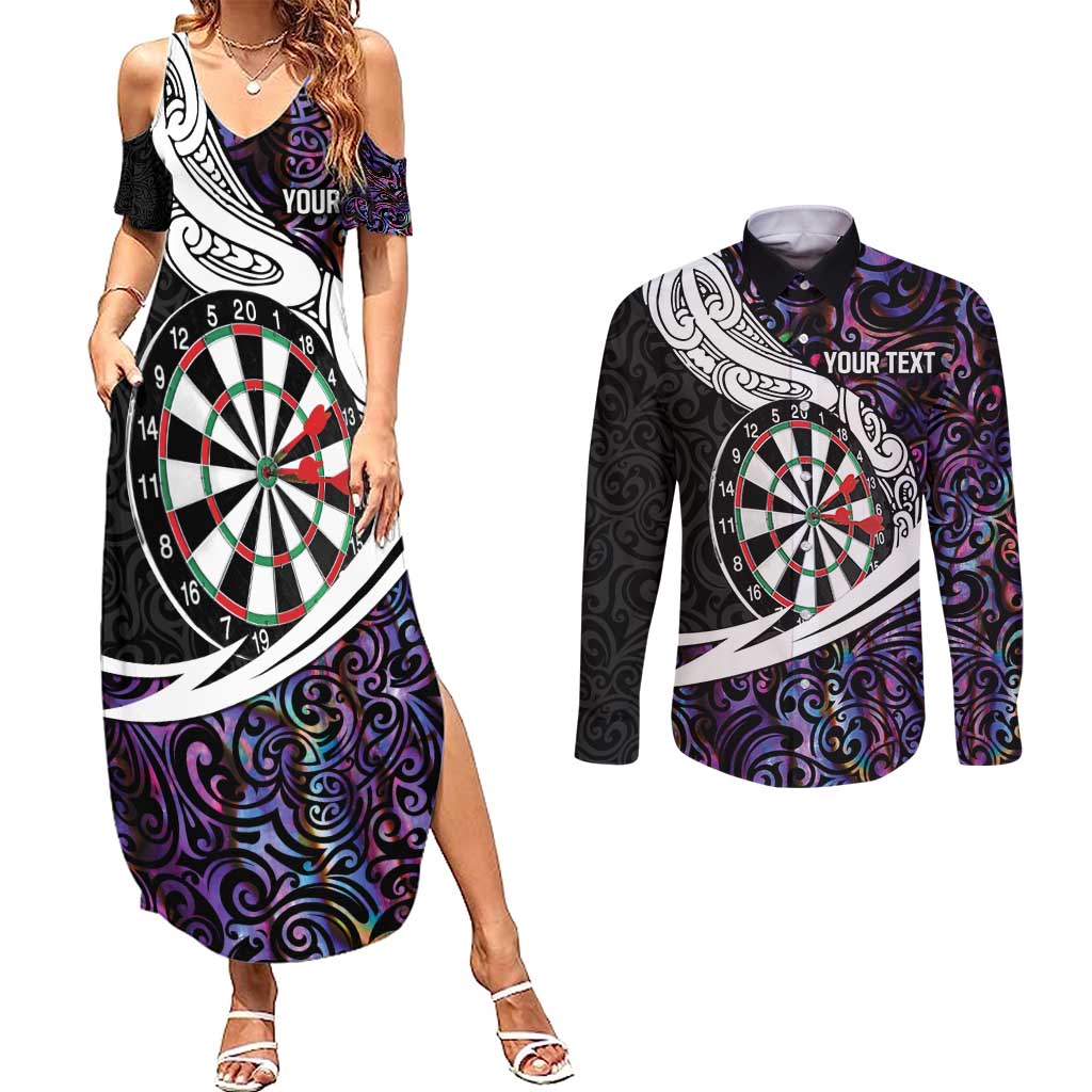 Personalized NZ Darts Couples Matching Summer Maxi Dress and Long Sleeve Button Shirt Paua Shell Maori Koru Whakairo - Purple LT7 Purple - Polynesian Pride