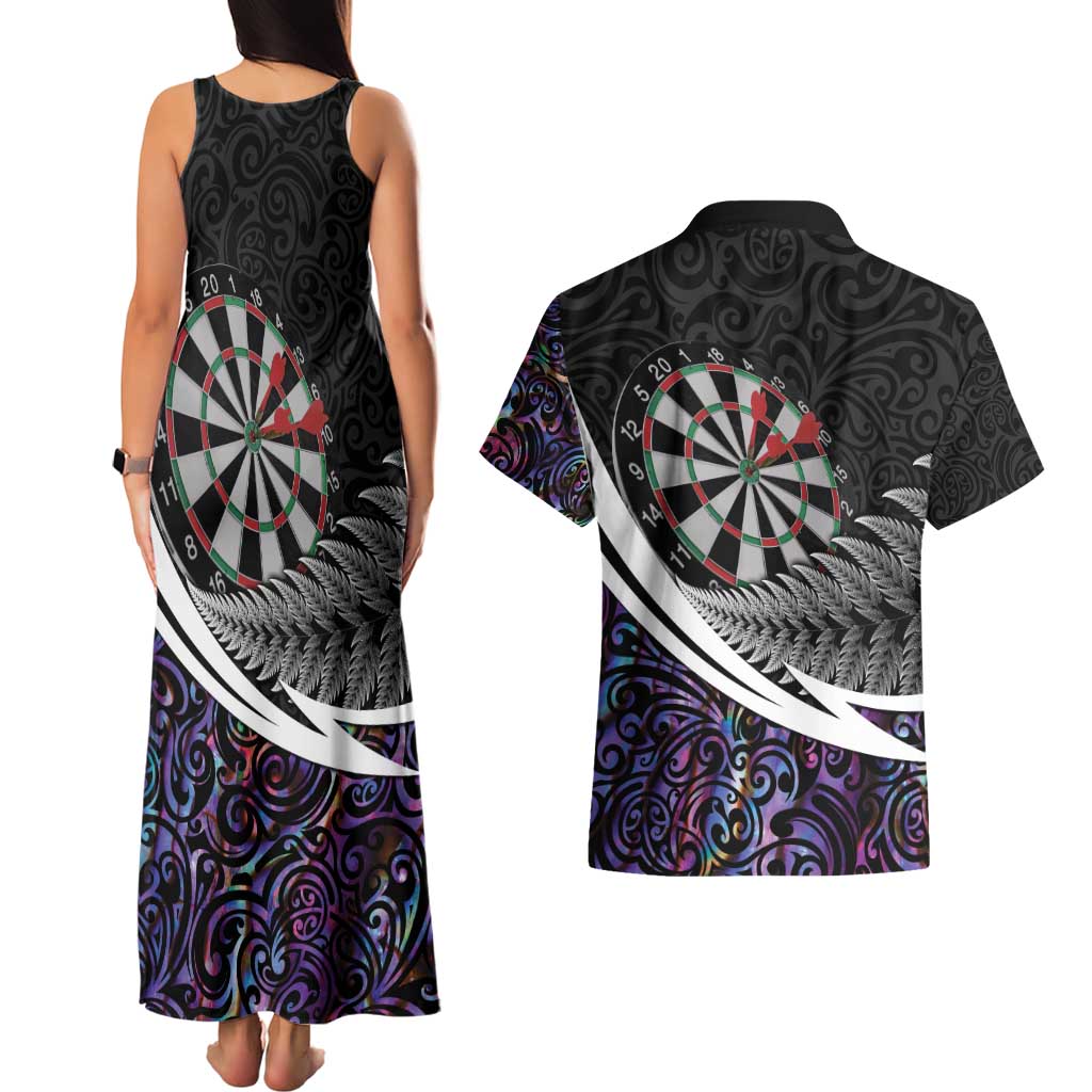 Personalized NZ Darts Couples Matching Tank Maxi Dress and Hawaiian Shirt Paua Shell Maori Koru Whakairo - Purple LT7 - Polynesian Pride
