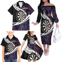 Personalized NZ Darts Family Matching Off The Shoulder Long Sleeve Dress and Hawaiian Shirt Paua Shell Maori Koru Whakairo - Purple - Polynesian Pride