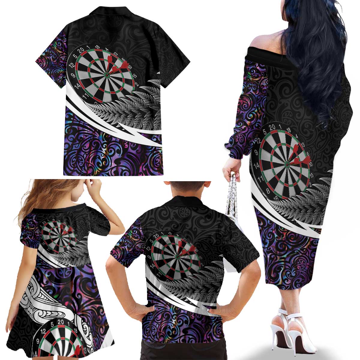 Personalized NZ Darts Family Matching Off The Shoulder Long Sleeve Dress and Hawaiian Shirt Paua Shell Maori Koru Whakairo - Purple - Polynesian Pride