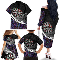 Personalized NZ Darts Family Matching Off The Shoulder Long Sleeve Dress and Hawaiian Shirt Paua Shell Maori Koru Whakairo - Purple - Polynesian Pride