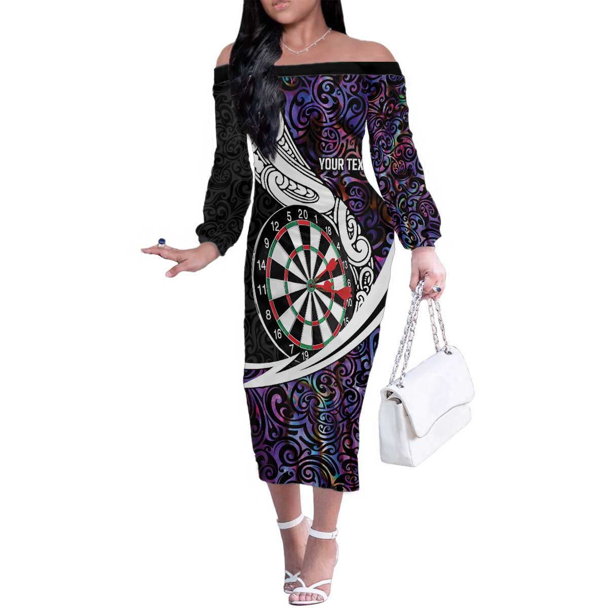 Personalized NZ Darts Family Matching Off The Shoulder Long Sleeve Dress and Hawaiian Shirt Paua Shell Maori Koru Whakairo - Purple - Polynesian Pride