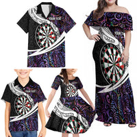 Personalized NZ Darts Family Matching Off Shoulder Maxi Dress and Hawaiian Shirt Paua Shell Maori Koru Whakairo - Purple LT7 - Polynesian Pride