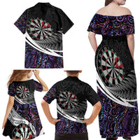 Personalized NZ Darts Family Matching Off Shoulder Maxi Dress and Hawaiian Shirt Paua Shell Maori Koru Whakairo - Purple LT7 - Polynesian Pride