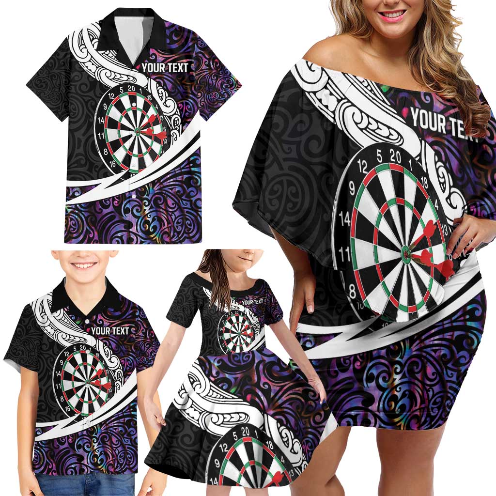 Personalized NZ Darts Family Matching Off Shoulder Short Dress and Hawaiian Shirt Paua Shell Maori Koru Whakairo - Purple LT7 - Polynesian Pride