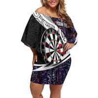 Personalized NZ Darts Family Matching Off Shoulder Short Dress and Hawaiian Shirt Paua Shell Maori Koru Whakairo - Purple LT7 Mom's Dress Purple - Polynesian Pride