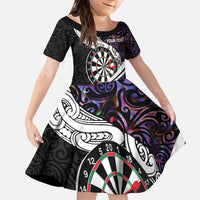Personalized NZ Darts Family Matching Summer Maxi Dress and Hawaiian Shirt Paua Shell Maori Koru Whakairo - Purple LT7 Daughter's Dress Purple - Polynesian Pride