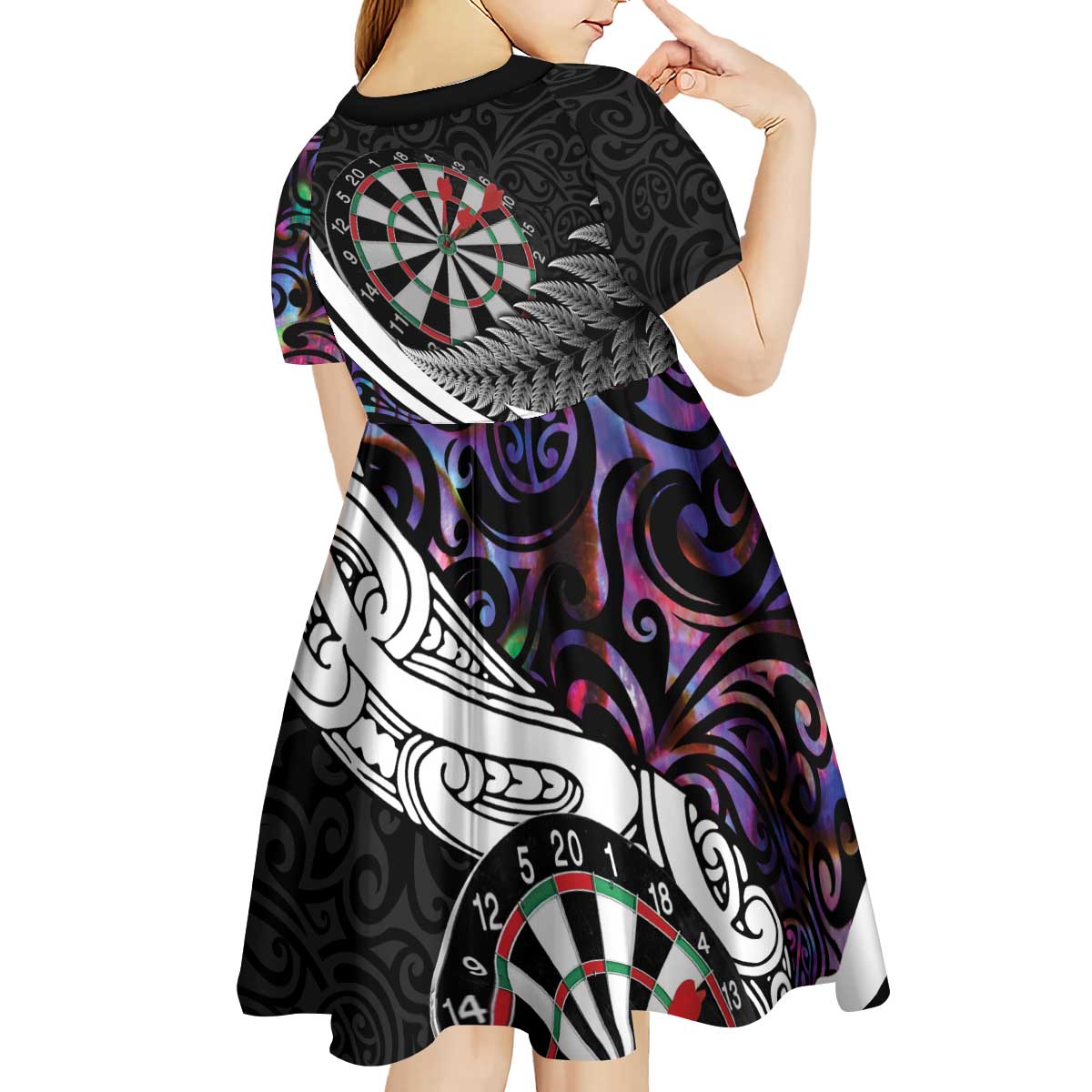 Personalized NZ Darts Kid Short Sleeve Dress Paua Shell Maori Koru Whakairo - Purple - Polynesian Pride