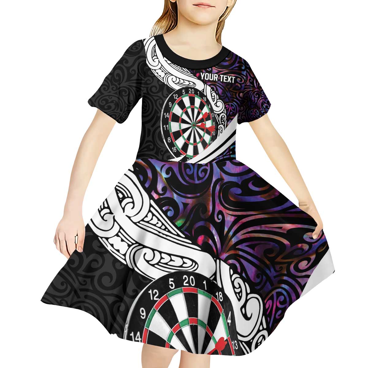 Personalized NZ Darts Kid Short Sleeve Dress Paua Shell Maori Koru Whakairo - Purple - Polynesian Pride