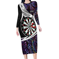 Personalized NZ Darts Long Sleeve Bodycon Dress Paua Shell Maori Koru Whakairo - Purple - Polynesian Pride