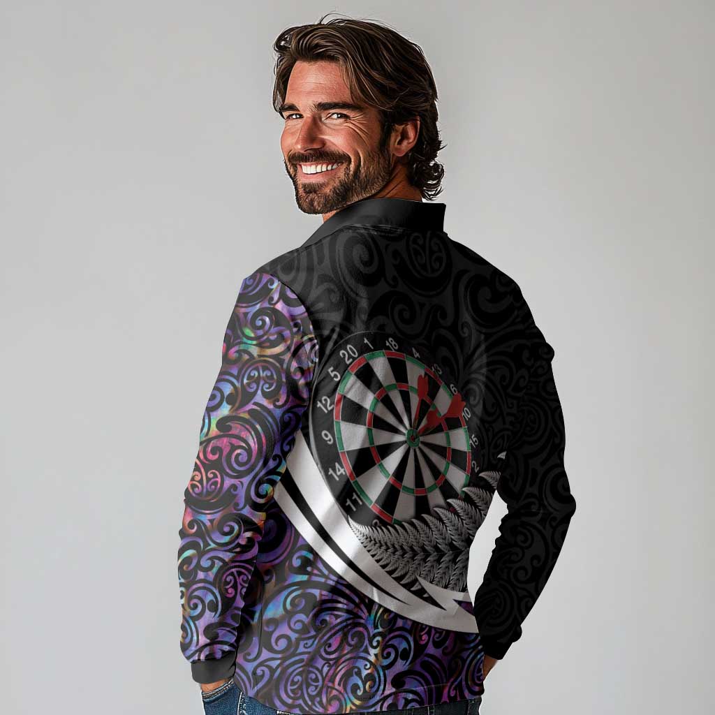 Personalized NZ Darts Long Sleeve Polo Shirt Paua Shell Maori Koru Whakairo - Purple - Polynesian Pride