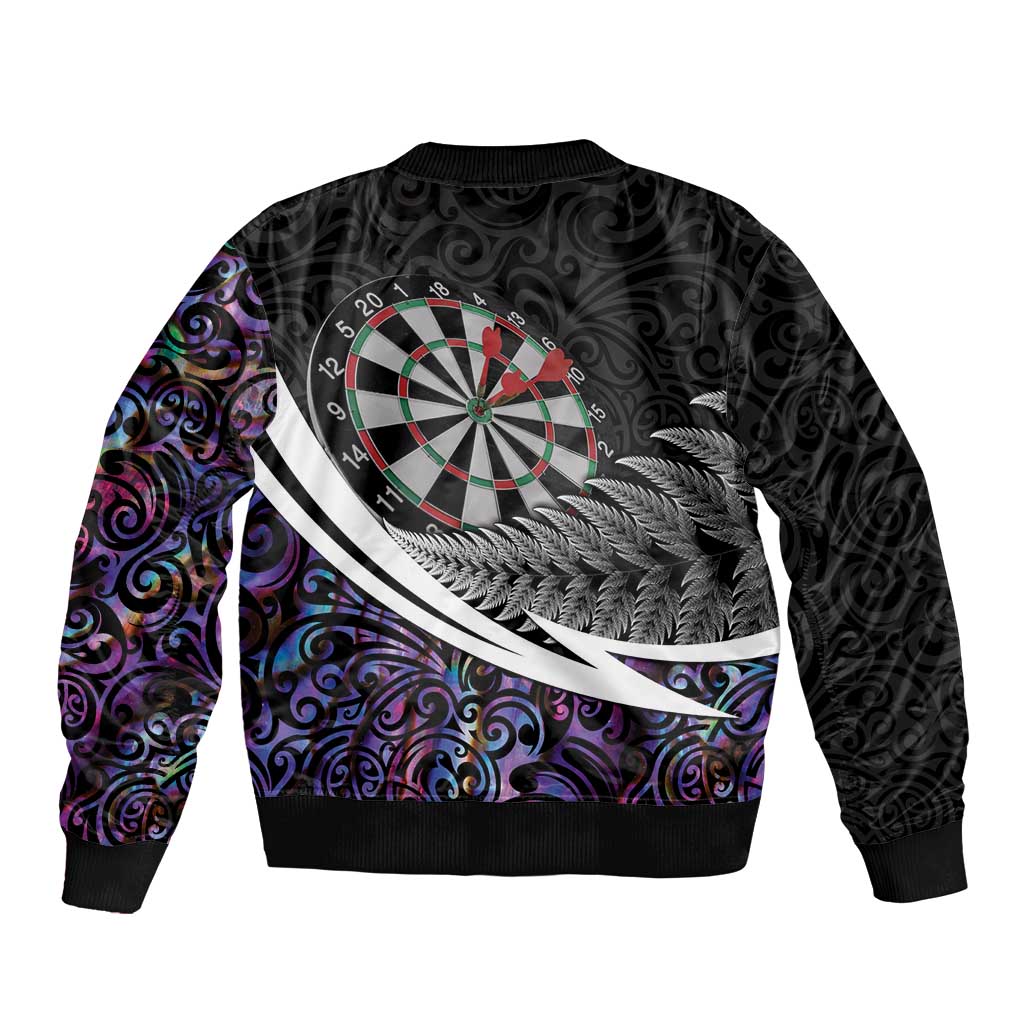 Personalized NZ Darts Sleeve Zip Bomber Jacket Paua Shell Maori Koru Whakairo - Purple LT7 - Polynesian Pride