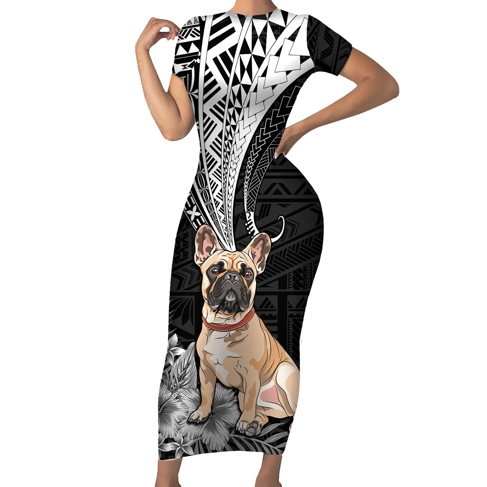 Personalised Polynesian Short Sleeve Bodycon Dress Bulldog With Polynesian Patterns LT7 Long Dress Black - Polynesian Pride