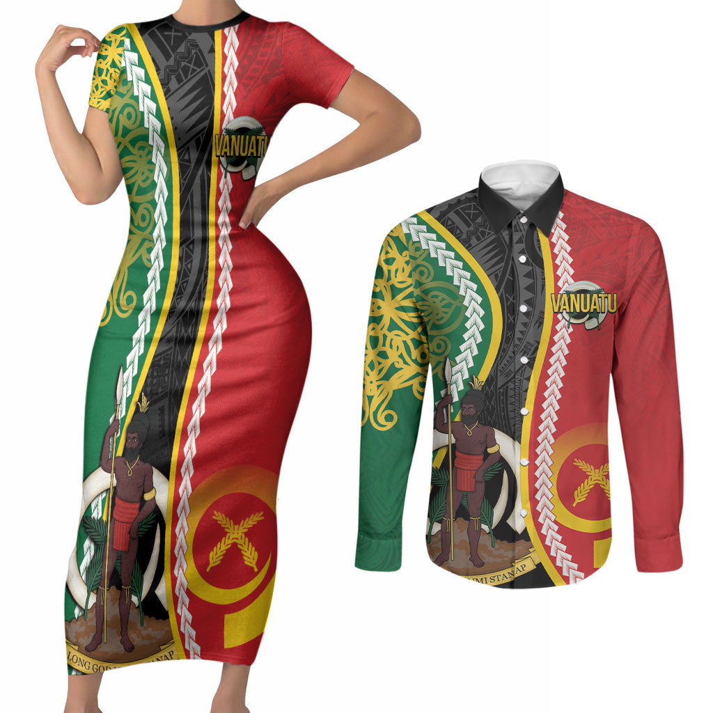 Ni-Vanuatu Indipendens Dei Celebretem Couples Matching Short Sleeve Bodycon Dress and Long Sleeve Button Shirt Yumi Yumi Yumi