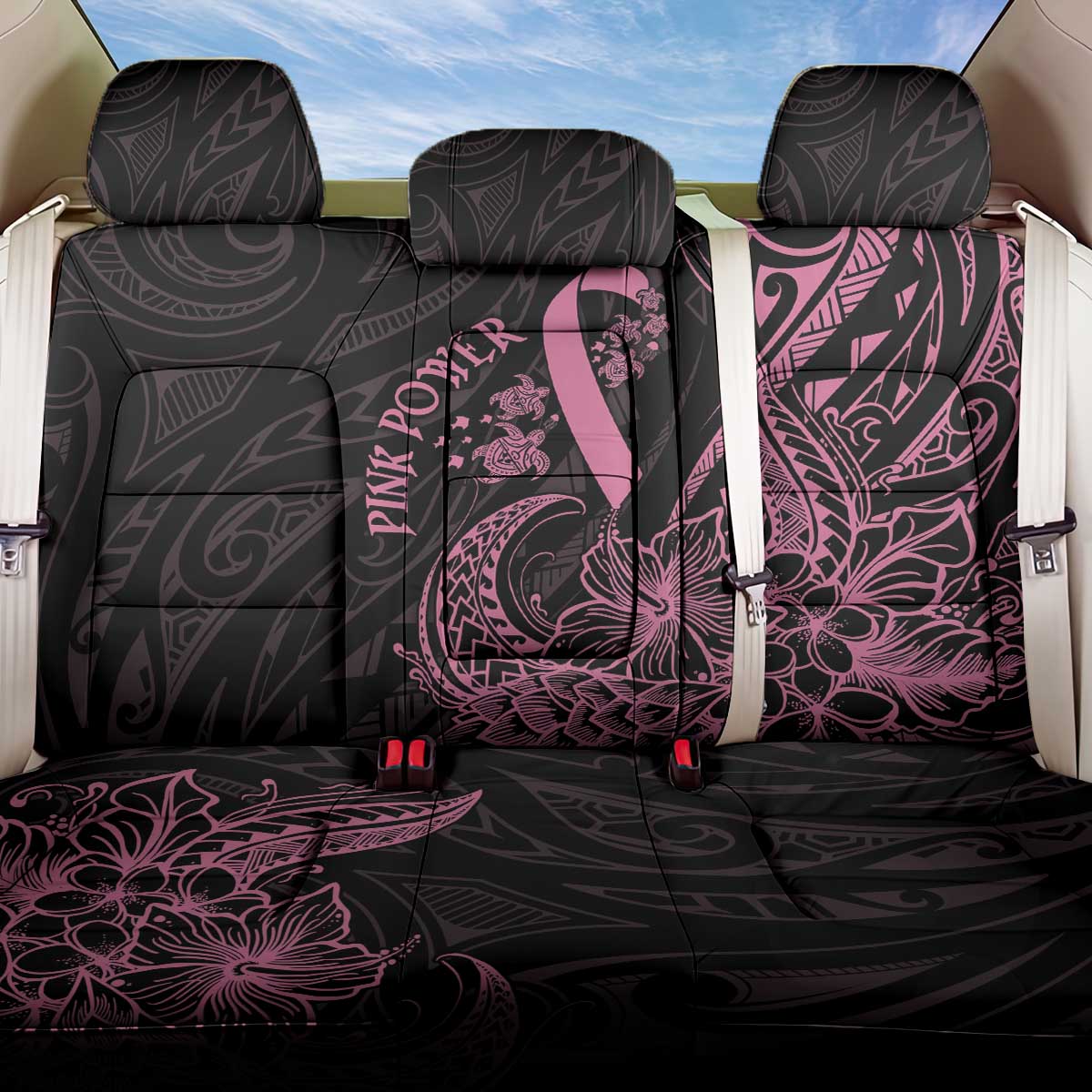 Polynesian Pink Power Back Car Seat Cover Breast Cancer Ribbon Turtle and Flowers