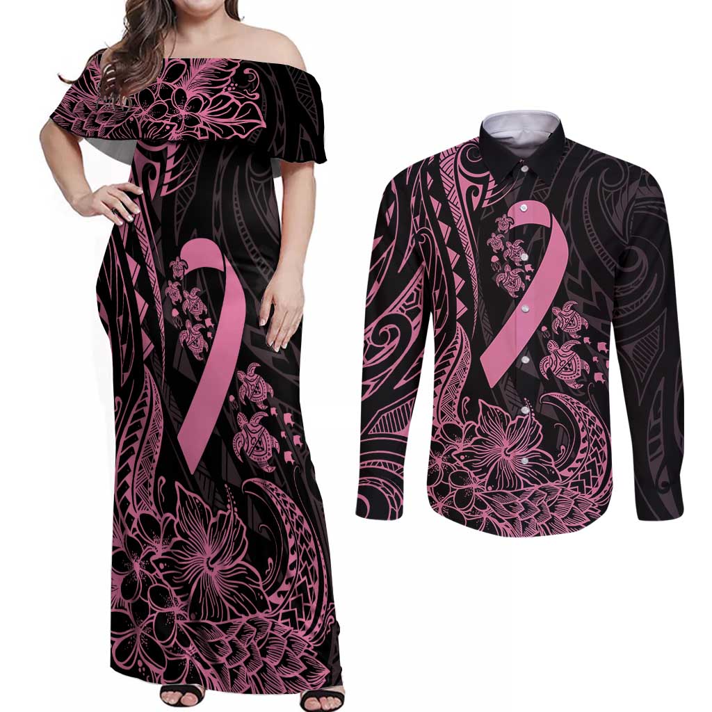 Polynesian Pink Power Couples Matching Off Shoulder Maxi Dress and Long Sleeve Button Shirt Breast Cancer Ribbon Turtle and Flowers