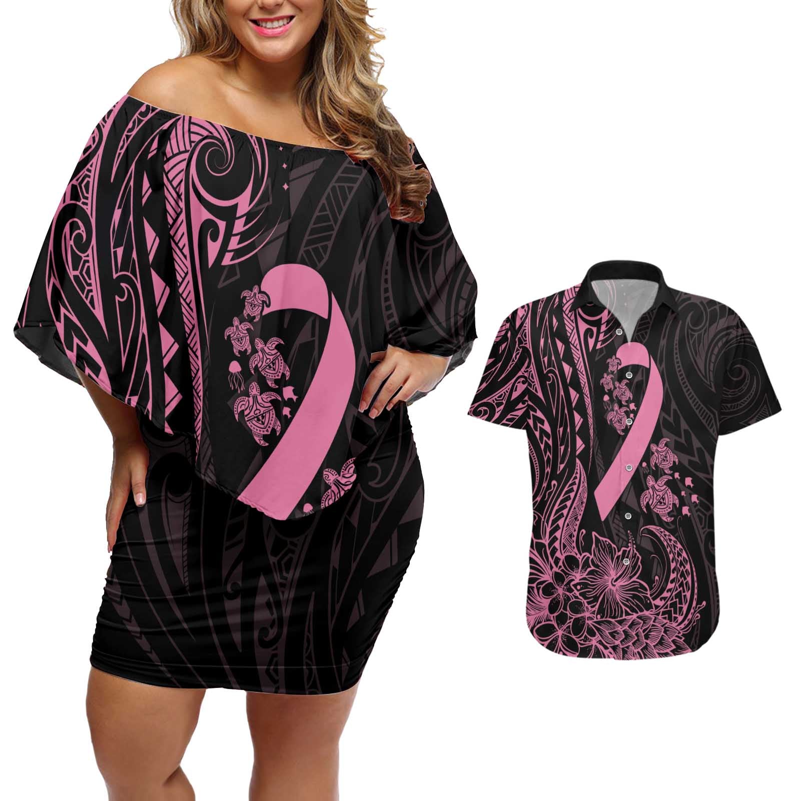 Polynesian Pink Power Couples Matching Off Shoulder Short Dress and Hawaiian Shirt Breast Cancer Ribbon Turtle and Flowers