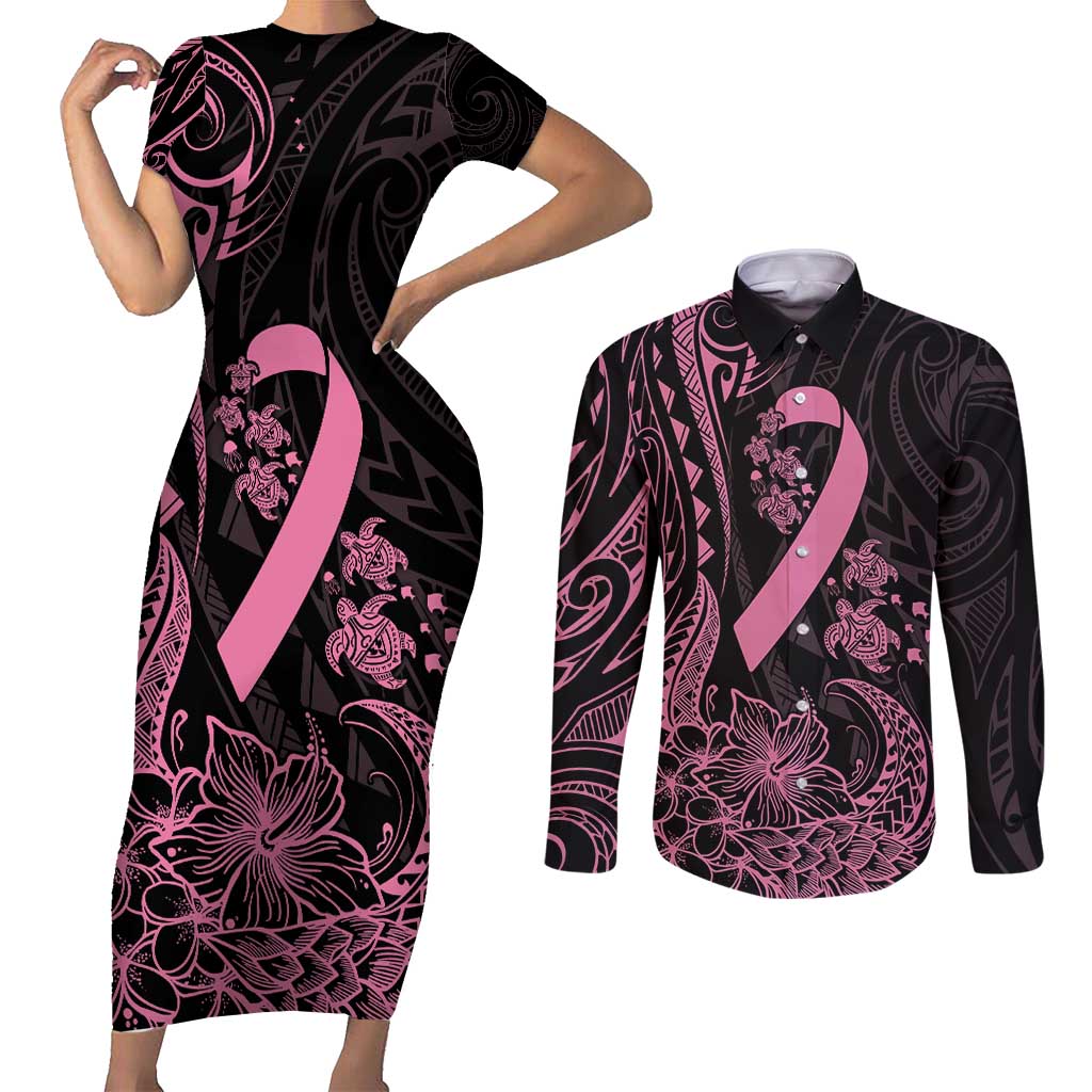 Polynesian Pink Power Couples Matching Short Sleeve Bodycon Dress and Long Sleeve Button Shirt Breast Cancer Ribbon Turtle and Flowers