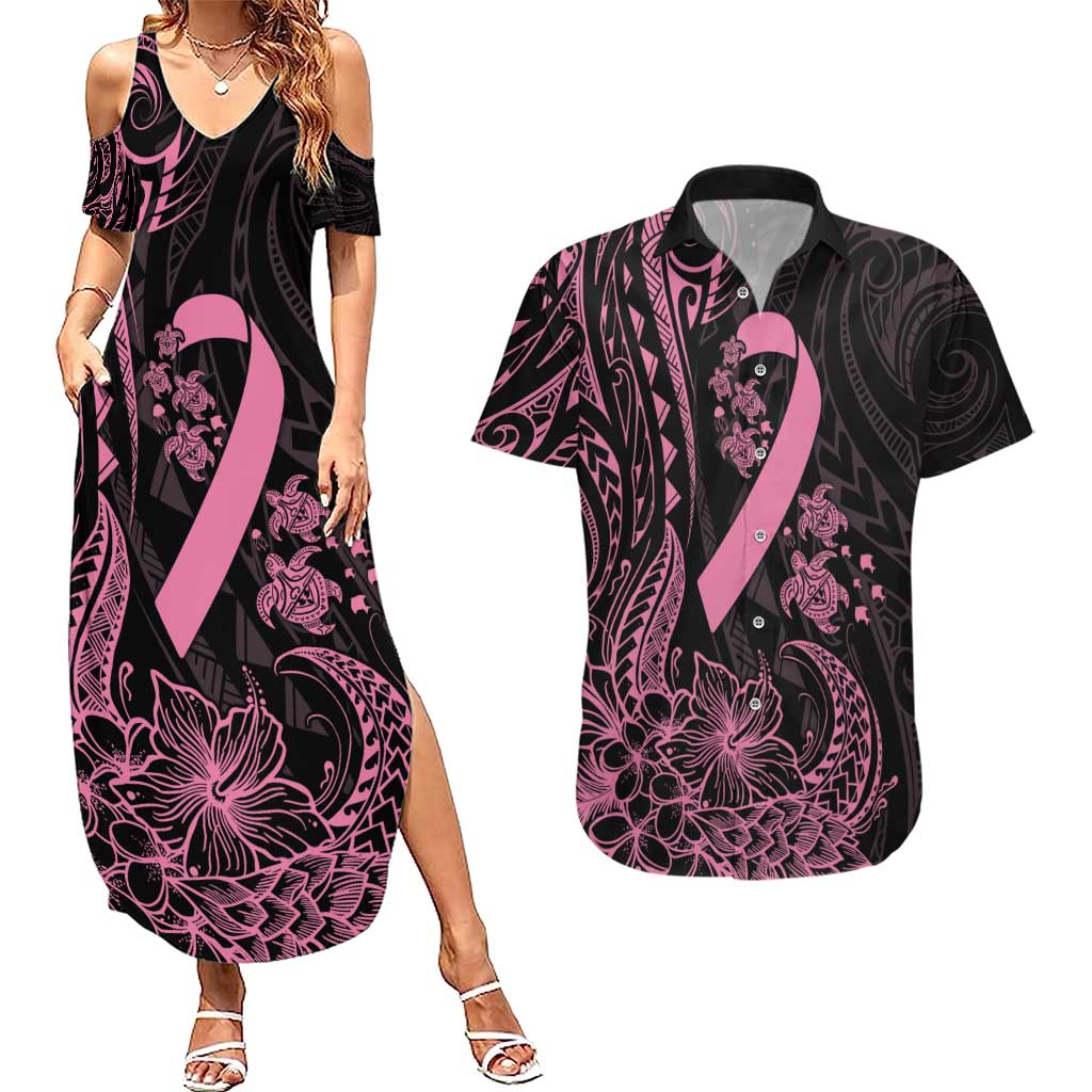 Polynesian Pink Power Couples Matching Summer Maxi Dress and Hawaiian Shirt Breast Cancer Ribbon Turtle and Flowers