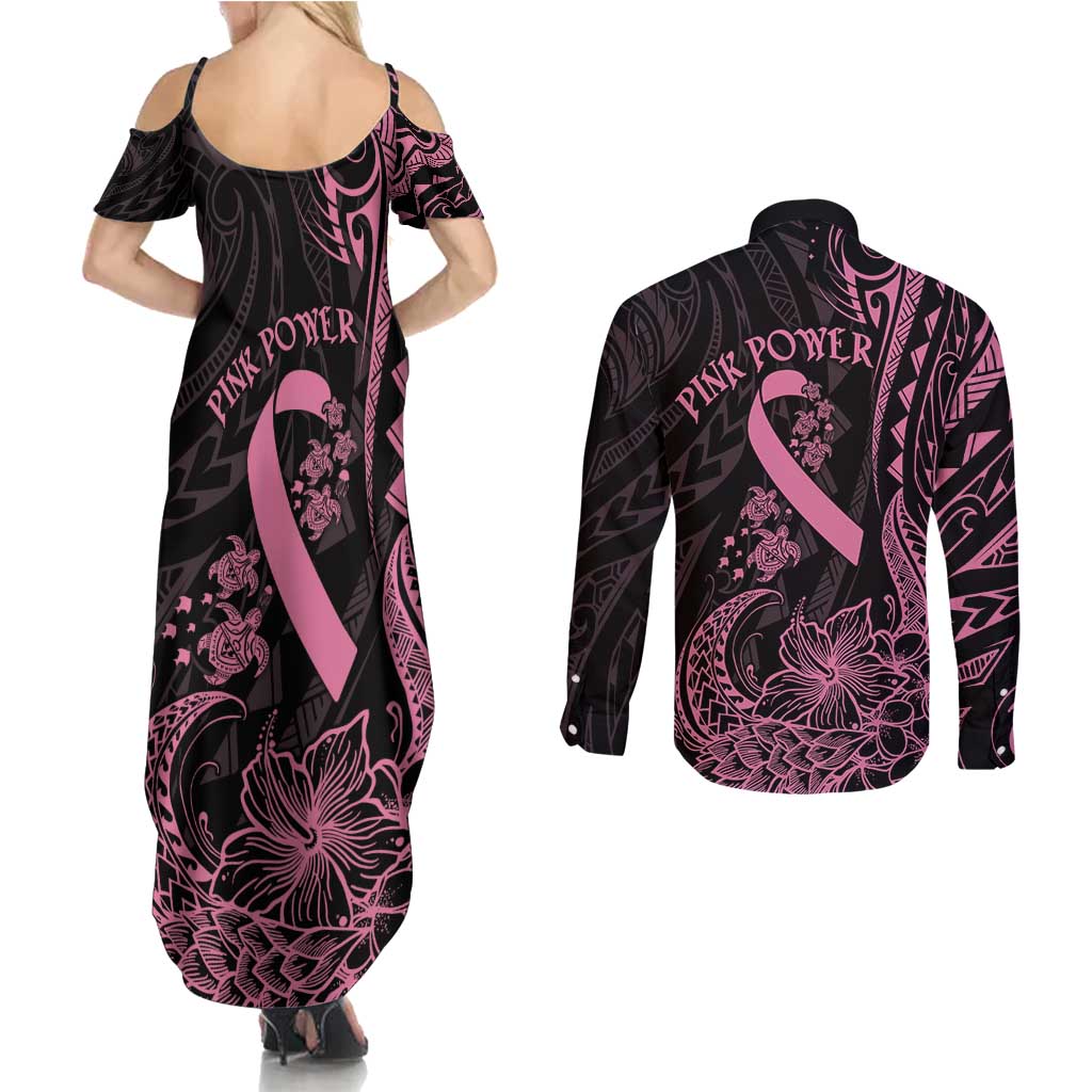 Polynesian Pink Power Couples Matching Summer Maxi Dress and Long Sleeve Button Shirt Breast Cancer Ribbon Turtle and Flowers