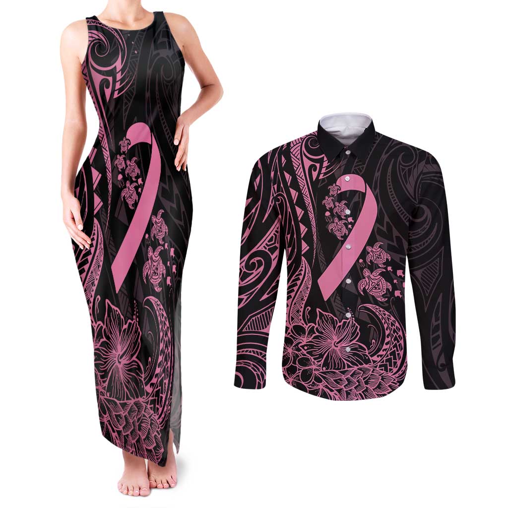 Polynesian Pink Power Couples Matching Tank Maxi Dress and Long Sleeve Button Shirt Breast Cancer Ribbon Turtle and Flowers