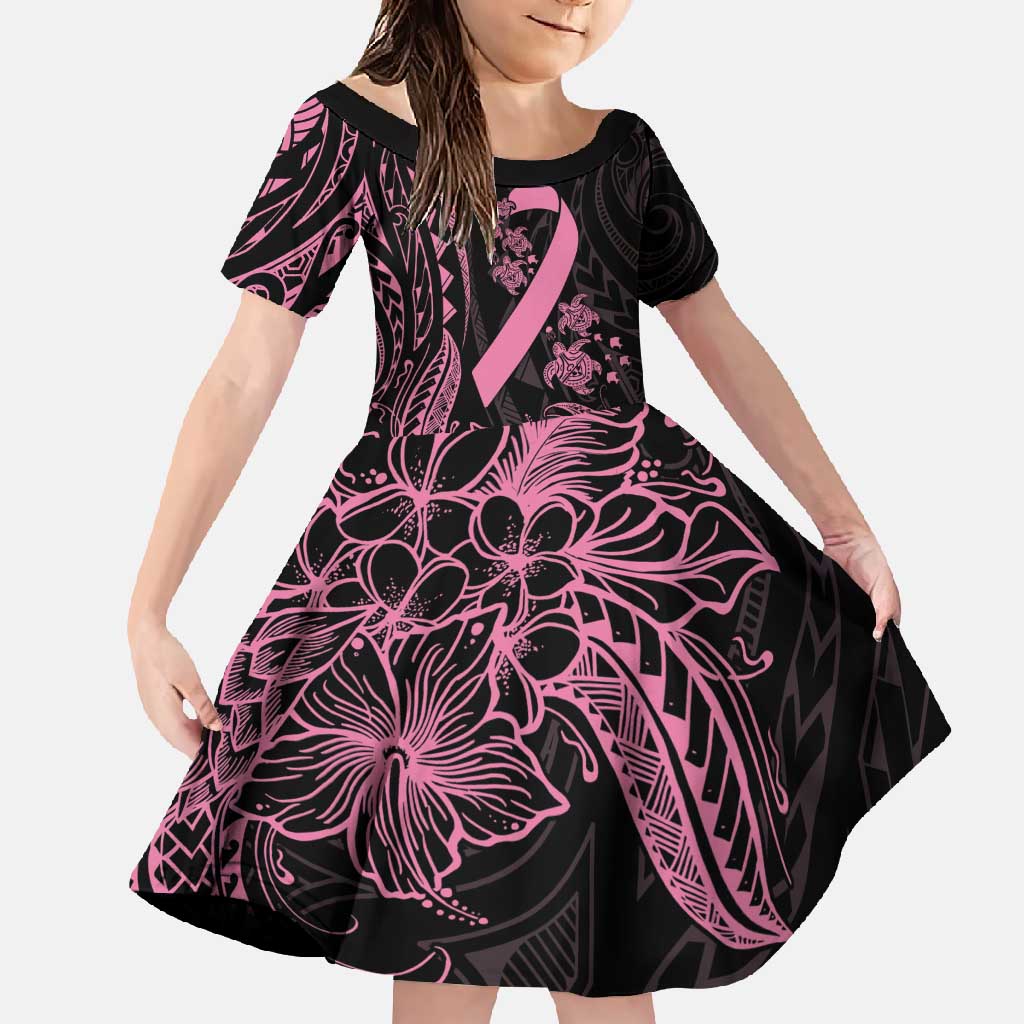 Polynesian Pink Power Family Matching Long Sleeve Bodycon Dress and Hawaiian Shirt Breast Cancer Ribbon Turtle and Flowers LT7 Daughter's Dress Pink - Polynesian Pride