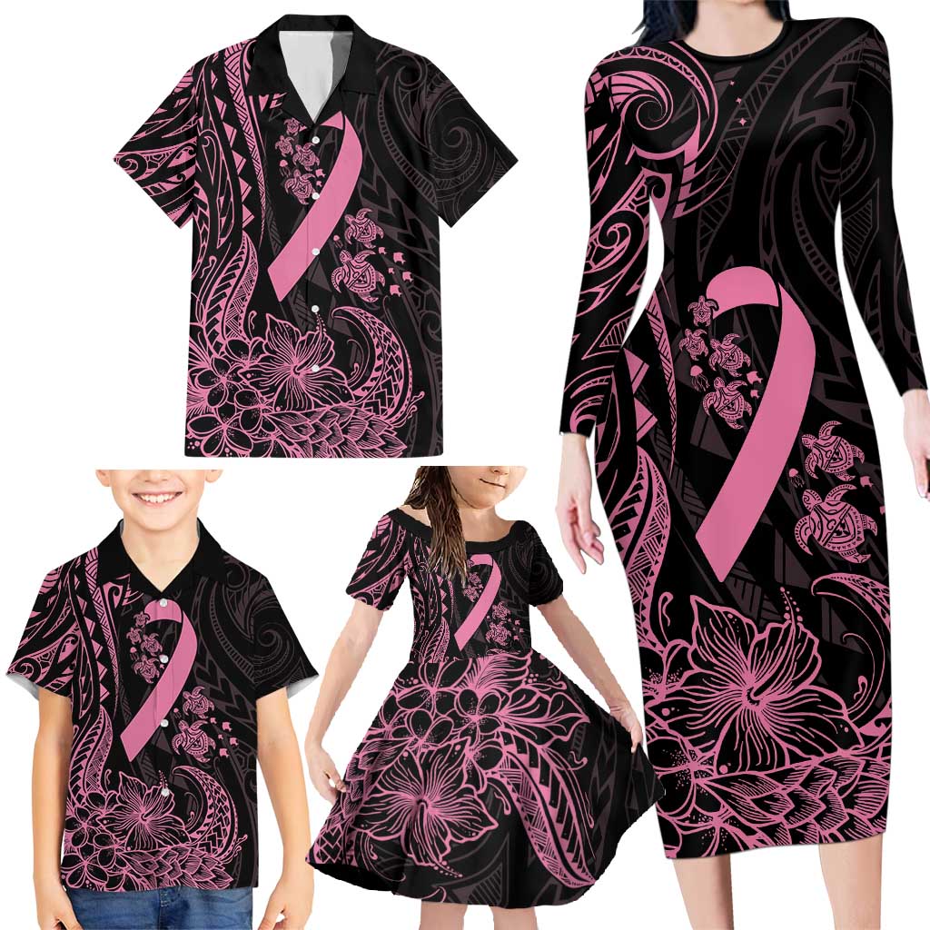Polynesian Pink Power Family Matching Long Sleeve Bodycon Dress and Hawaiian Shirt Breast Cancer Ribbon Turtle and Flowers LT7 - Polynesian Pride