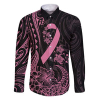 Polynesian Pink Power Family Matching Long Sleeve Bodycon Dress and Hawaiian Shirt Breast Cancer Ribbon Turtle and Flowers LT7 Dad's Shirt - Long Sleeve Pink - Polynesian Pride