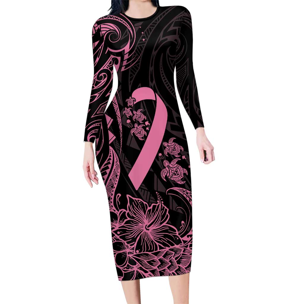 Polynesian Pink Power Family Matching Long Sleeve Bodycon Dress and Hawaiian Shirt Breast Cancer Ribbon Turtle and Flowers LT7 Mom's Dress Pink - Polynesian Pride