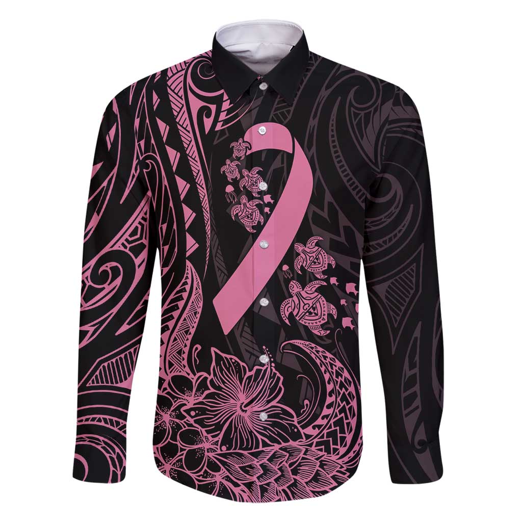 Polynesian Pink Power Family Matching Mermaid Dress and Hawaiian Shirt Breast Cancer Ribbon Turtle and Flowers LT7 Dad's Shirt - Long Sleeve Pink - Polynesian Pride