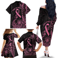 Polynesian Pink Power Family Matching Off The Shoulder Long Sleeve Dress and Hawaiian Shirt Breast Cancer Ribbon Turtle and Flowers