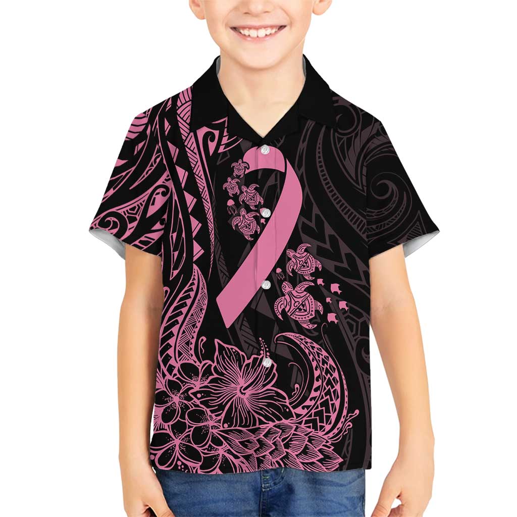 Polynesian Pink Power Family Matching Off Shoulder Maxi Dress and Hawaiian Shirt Breast Cancer Ribbon Turtle and Flowers LT7 Son's Shirt Pink - Polynesian Pride