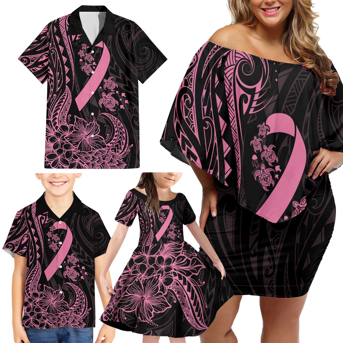 Polynesian Pink Power Family Matching Off Shoulder Short Dress and Hawaiian Shirt Breast Cancer Ribbon Turtle and Flowers