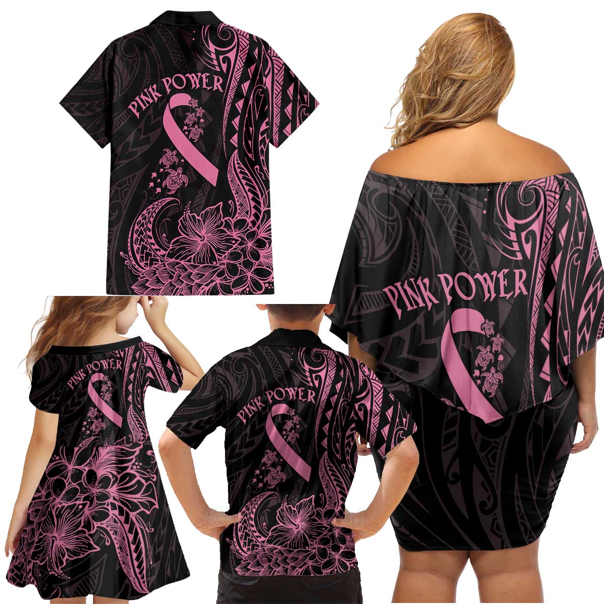 Polynesian Pink Power Family Matching Off Shoulder Short Dress and Hawaiian Shirt Breast Cancer Ribbon Turtle and Flowers LT7 - Polynesian Pride