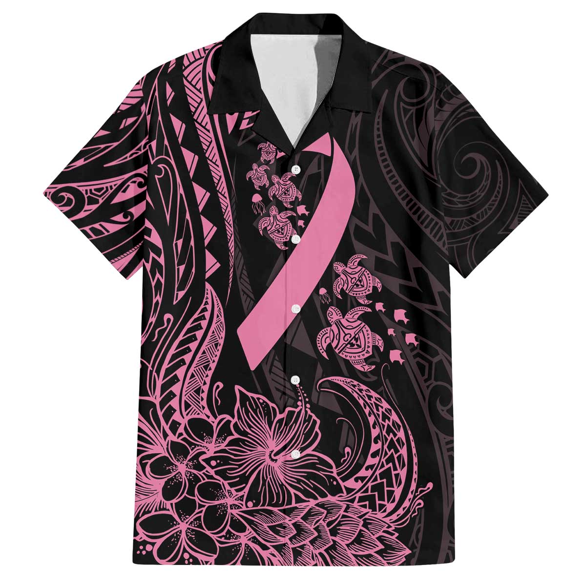 Polynesian Pink Power Family Matching Off Shoulder Short Dress and Hawaiian Shirt Breast Cancer Ribbon Turtle and Flowers LT7 Dad's Shirt - Short Sleeve Pink - Polynesian Pride