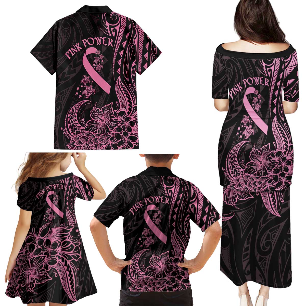 Polynesian Pink Power Family Matching Puletasi and Hawaiian Shirt Breast Cancer Ribbon Turtle and Flowers LT7 - Polynesian Pride