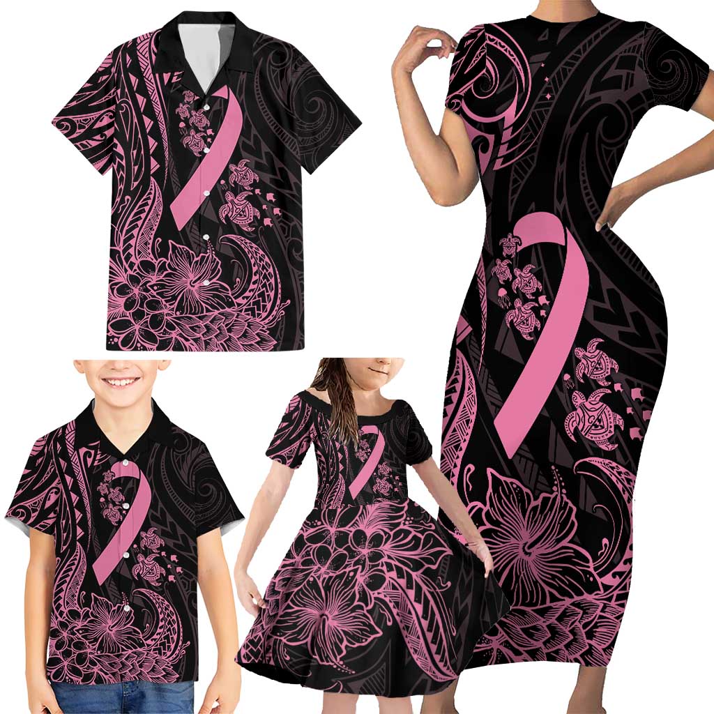 Polynesian Pink Power Family Matching Short Sleeve Bodycon Dress and Hawaiian Shirt Breast Cancer Ribbon Turtle and Flowers