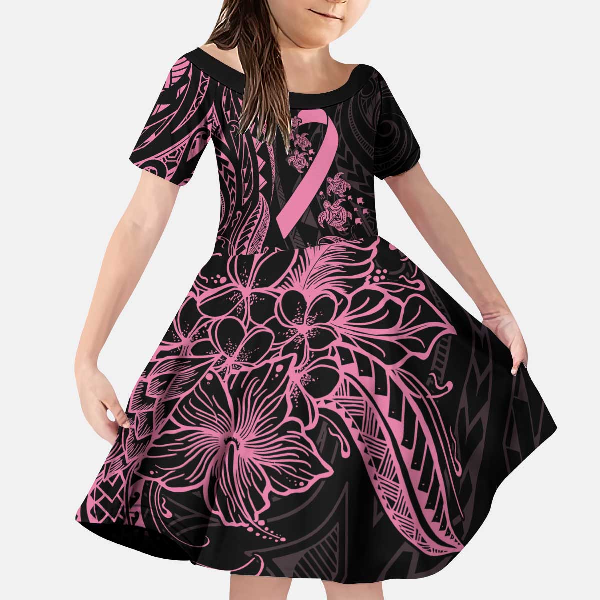 Polynesian Pink Power Kid Short Sleeve Dress Breast Cancer Ribbon Turtle and Flowers LT7 KID Pink - Polynesian Pride