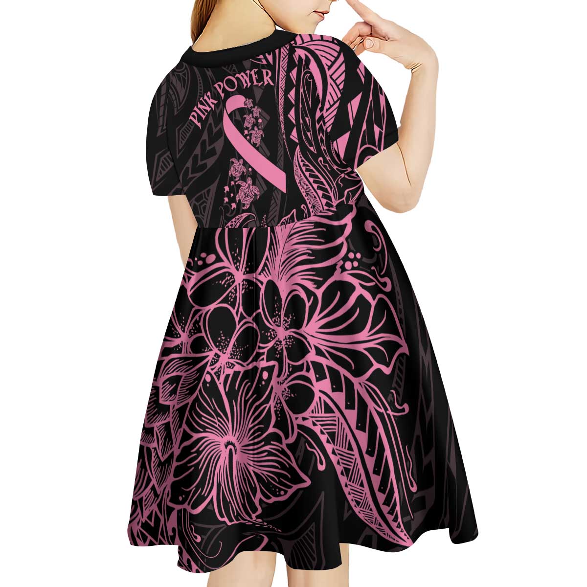 Polynesian Pink Power Kid Short Sleeve Dress Breast Cancer Ribbon Turtle and Flowers LT7 - Polynesian Pride