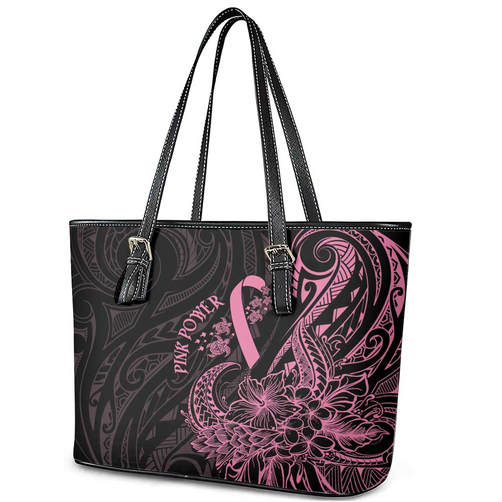 Polynesian Pink Power Leather Tote Bag Breast Cancer Ribbon Turtle and Flowers