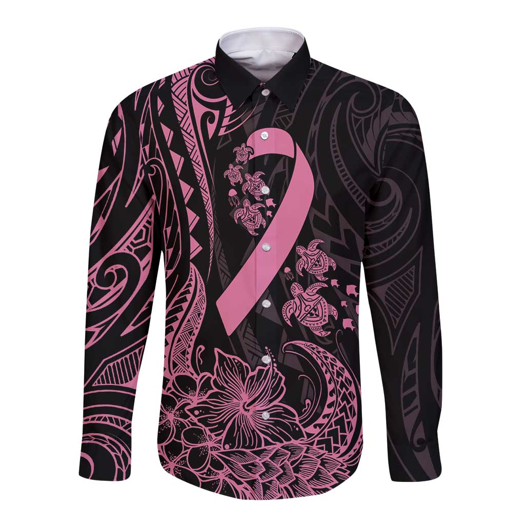 Polynesian Pink Power Long Sleeve Button Shirt Breast Cancer Ribbon Turtle and Flowers LT7 Unisex Pink - Polynesian Pride