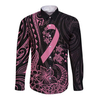 Polynesian Pink Power Long Sleeve Button Shirt Breast Cancer Ribbon Turtle and Flowers LT7 Unisex Pink - Polynesian Pride